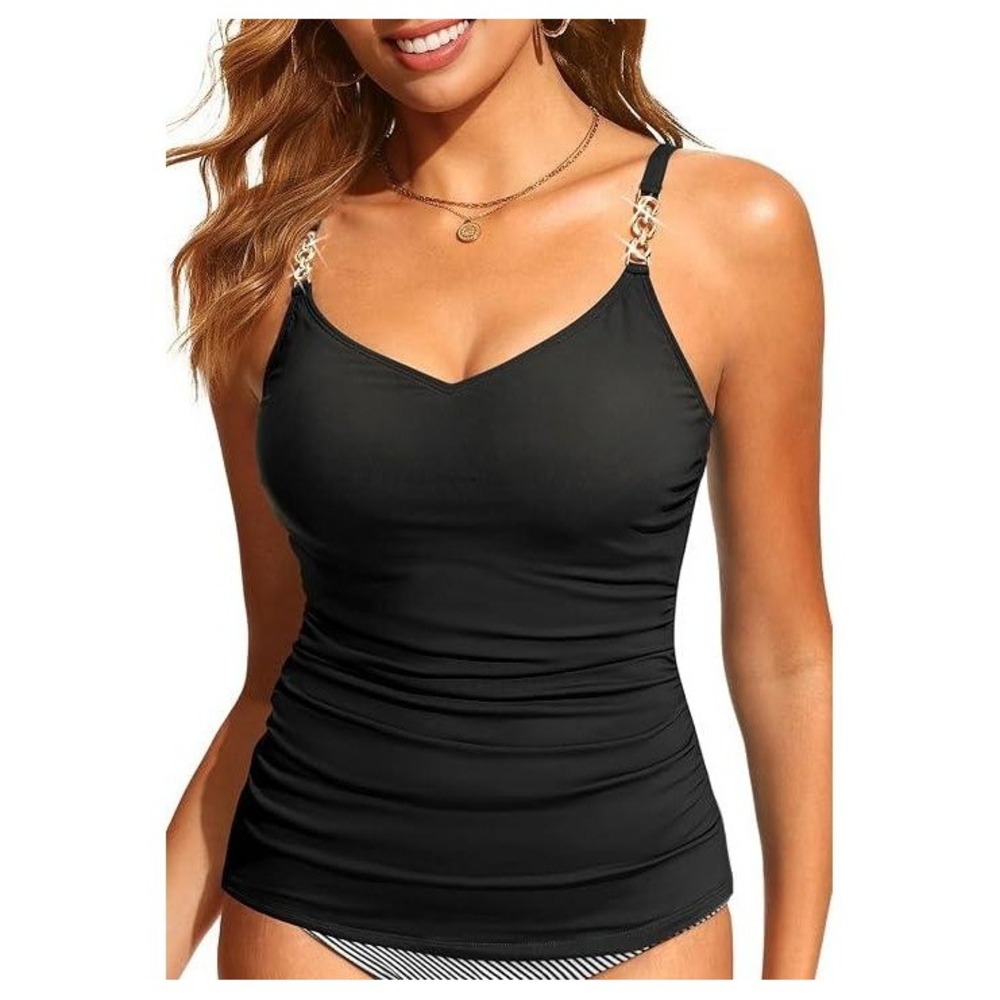 Daci Black Ruched Tankini Top Gold Chain Straps V-Neck‎ Swimwear XXL New